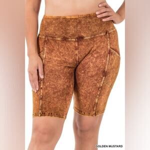 NEW! Zenana Plus Size Mineral Wash Biker Shorts w/ Pockets 2X Waist 16-19”